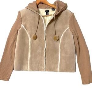 Q.U.E. Suede Leather Shearling Knit Coat Jacket Camel Tan Size XL